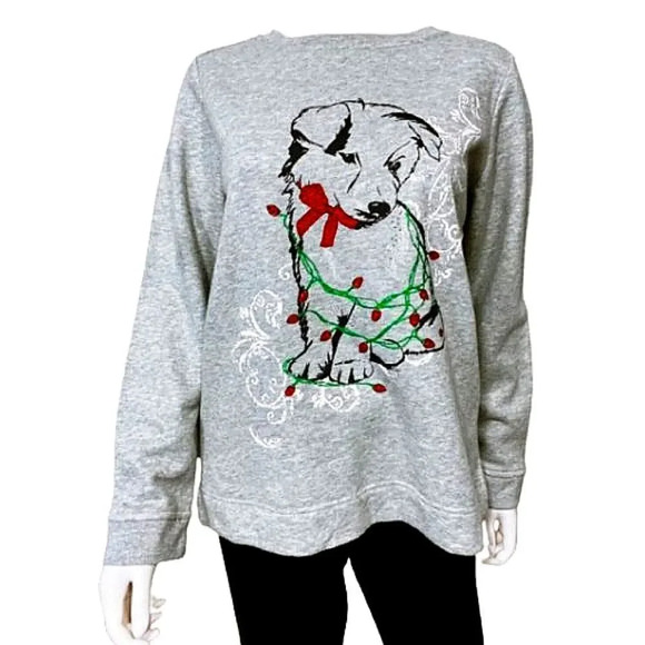 Karen Scott Sport Womens Gray Christmas Puppy Long Sleeve Sweatshirt Size Medium - Picture 1 of 8